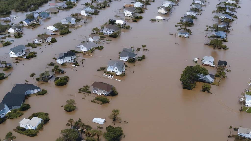 Aerial view of flooding in Hampton Beach, NH from recent nor'easter with storm surge overtopping seawall.